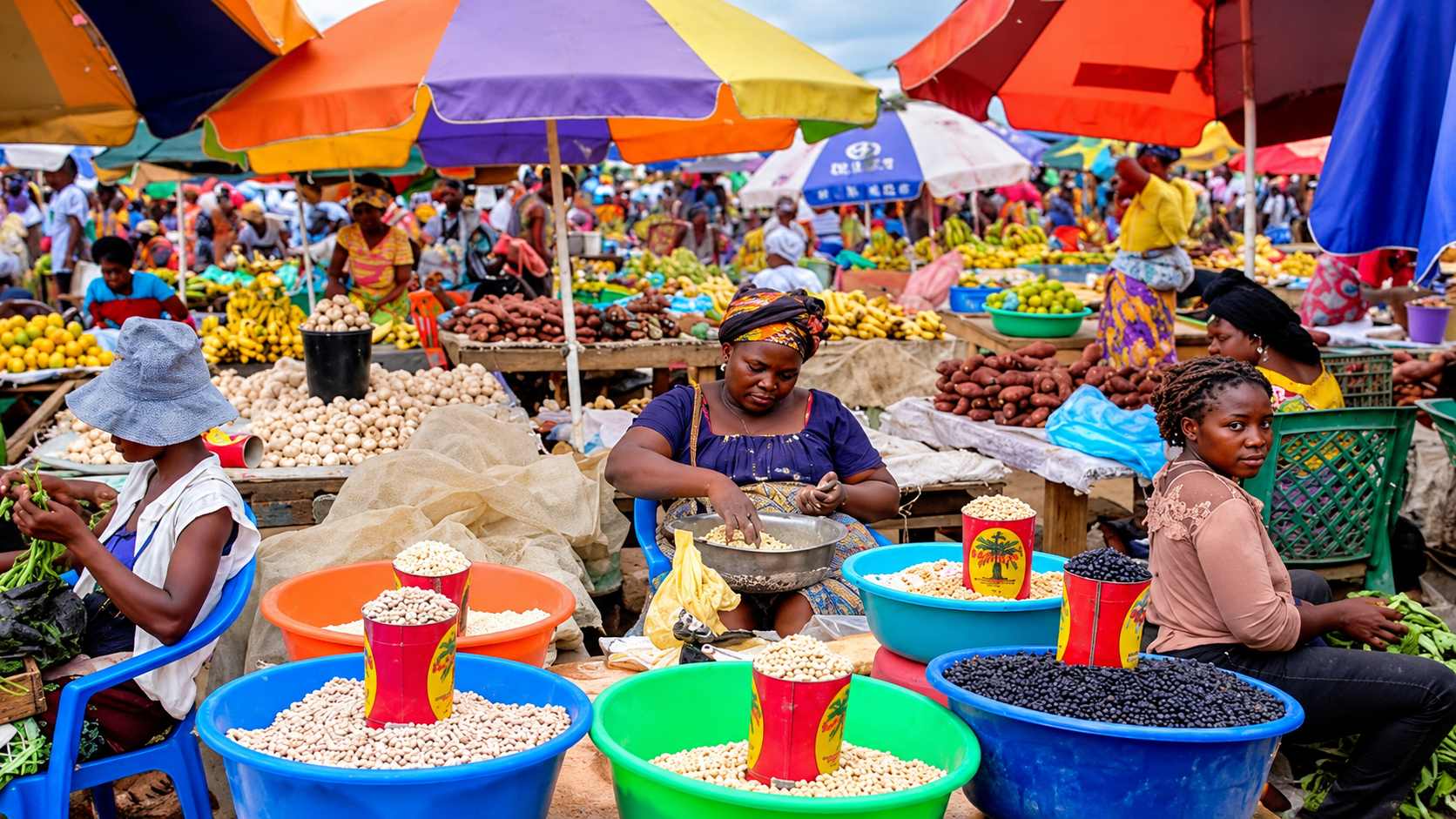 Des commerçantes proposent céréales et légumes sur un marché aux parasols colorés.