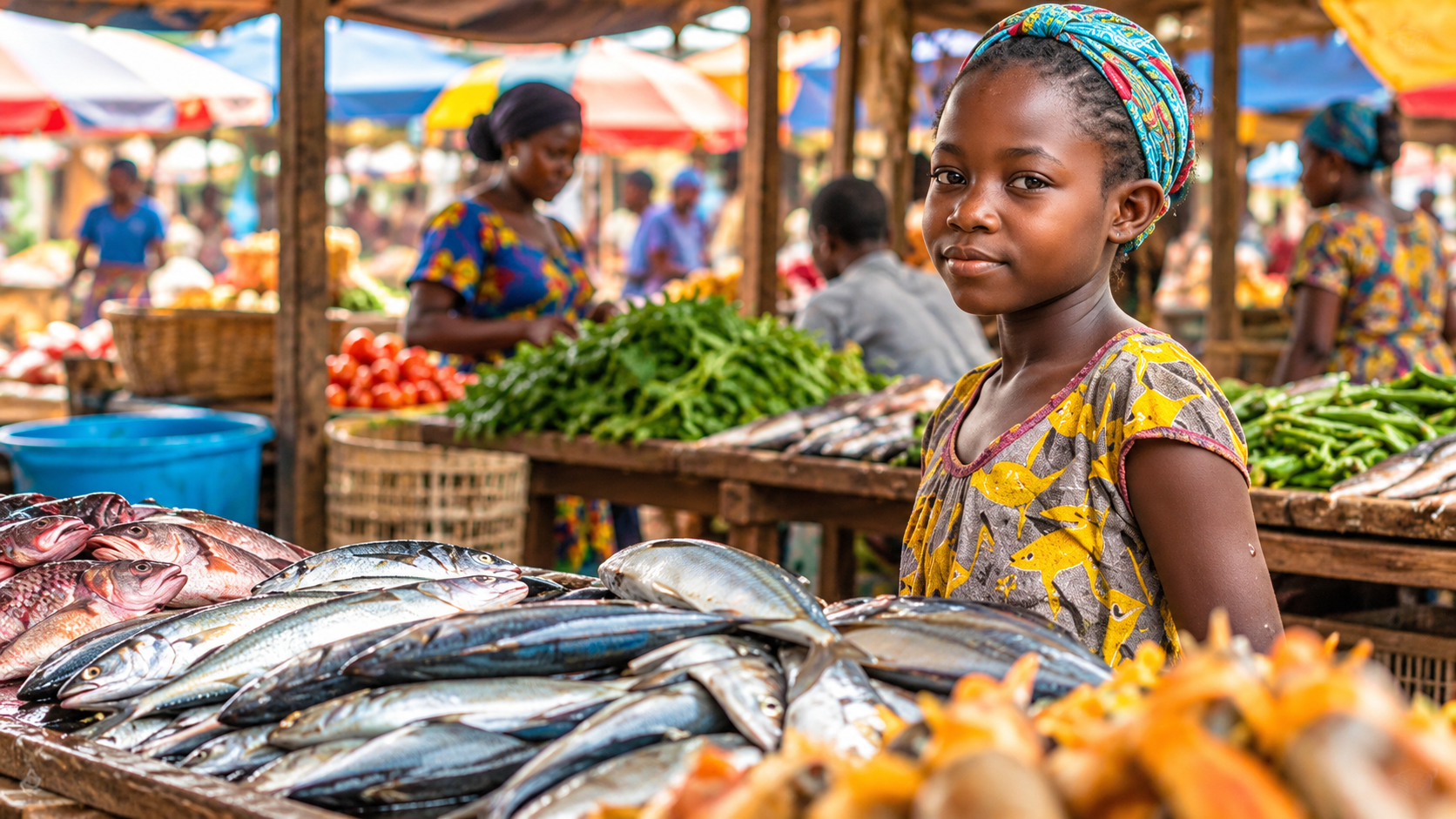 Une jeune vendeuse derrière un étal de poissons et de produits frais au marché.